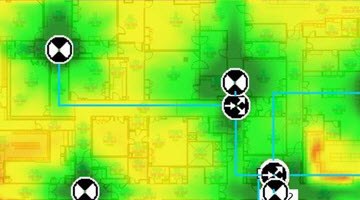 Predicted indoor signal coverage on a floor plan, with antenna locations marked